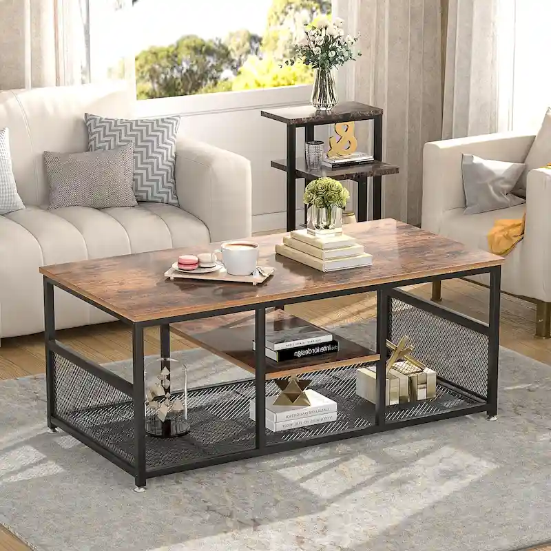 Industrial Rectangle Wood Coffee Table with Storage Shelf, Metal Frame Home Tea Table Desk