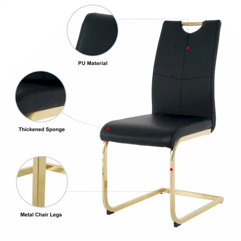 Modern Dining Chair with Gold Metal Legs Black Faux Leather Upholstered Cantilever Design 260 LBS Capacity Set of 2