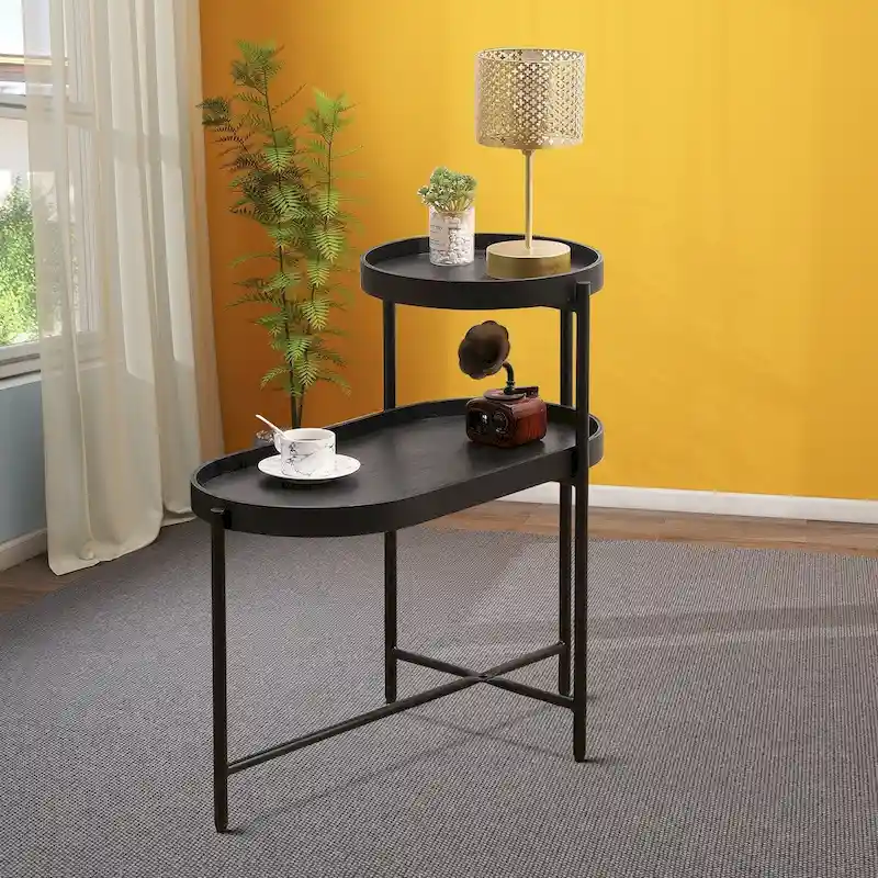 Minimalist Design Two-Tier Side Table with Adjustable Foot Pads, Black