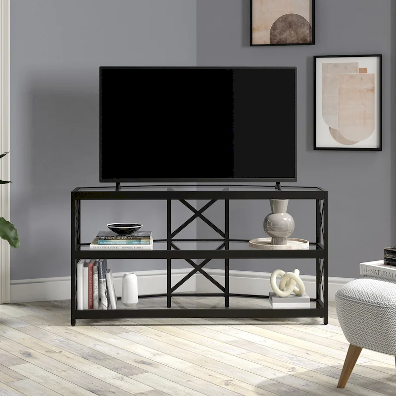Blackened Bronze X-Frame Corner TV Stand, Tempered Glass Shelves, Fits 1 TV up to 55