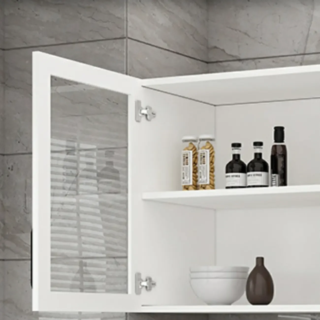 Kitchen Floating White Wood Glass Enclosed Display Cabinet