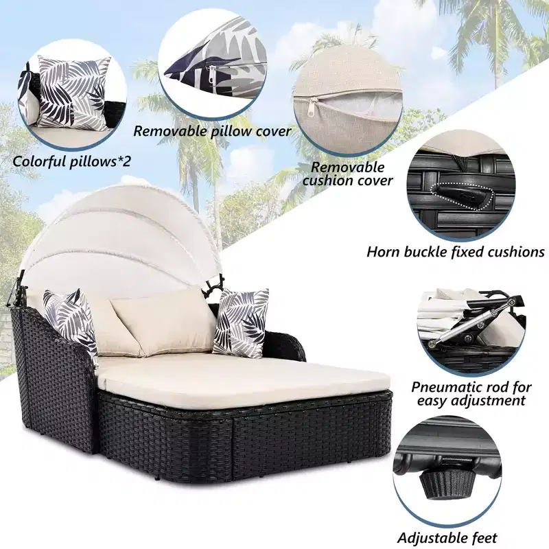 GDFStudio Sidney Patio Modern PE Rattan Double Chaise Lounge Daybed with Adjustable Canopy, Cushions and Pillows