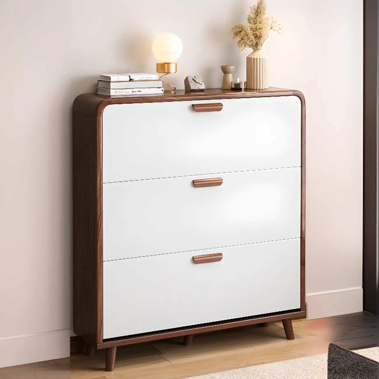 Traditional Hidden Adjustable 3 Tiers Solid Wood Shoe Cabinet