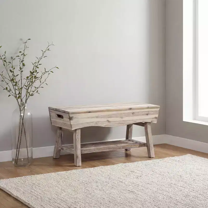 eHemco Solid Hardwood Bench with Storage Shelf and 4 Panels, 36x15.25x17.3 Inches, White Washed Finish