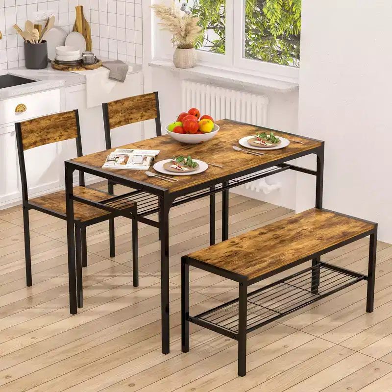 VECELO 43.3 in. Dining Table with Bench & 2 Chairs Set for 4, Modern Rectangular Metal Frame Kitchen Table for Small Space, Black/Brown