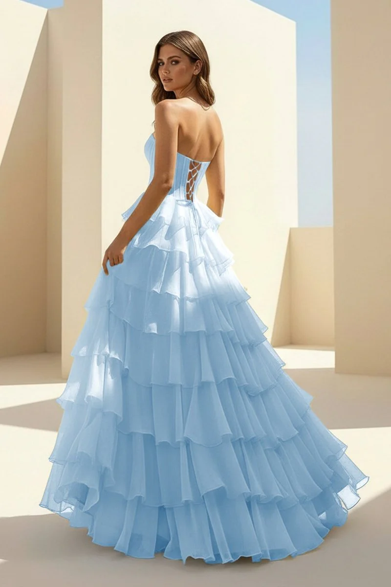 Pink Strapless A Line Chiffon Tiered Prom Dresses With Appliques