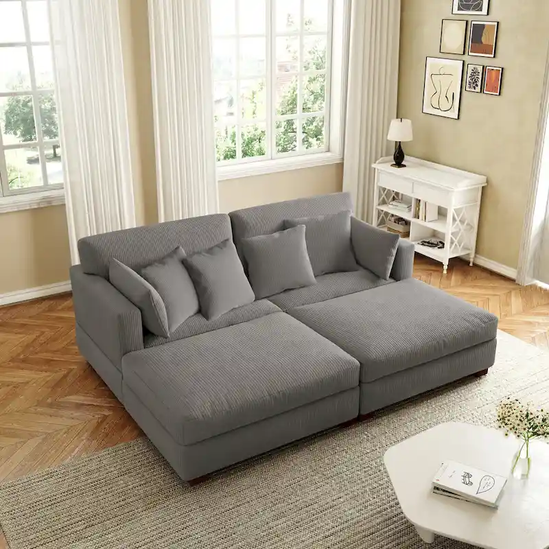 Modern Corduroy Sectional Sofa with Armrest Cushions – Modular, Adjustable Headrest, 800 lb Capacity