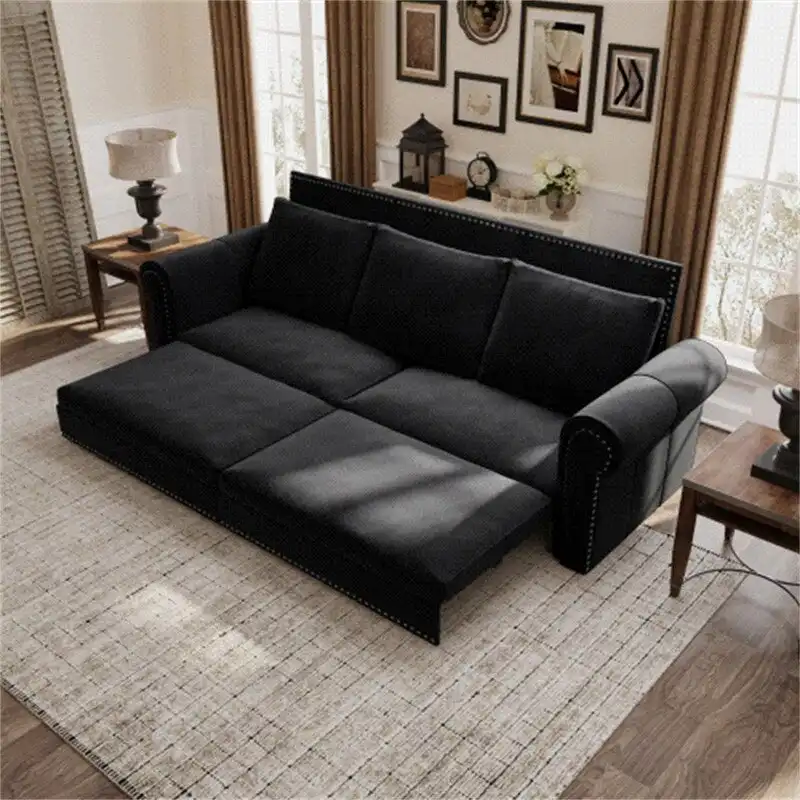 3-in-1 Chesterfield Sofa Bed, King Pull Out Sofa Bed, Velvet/Faux Leather Convertible Sleeper Sofa w/ Nailhead Trim & Rolled Arm