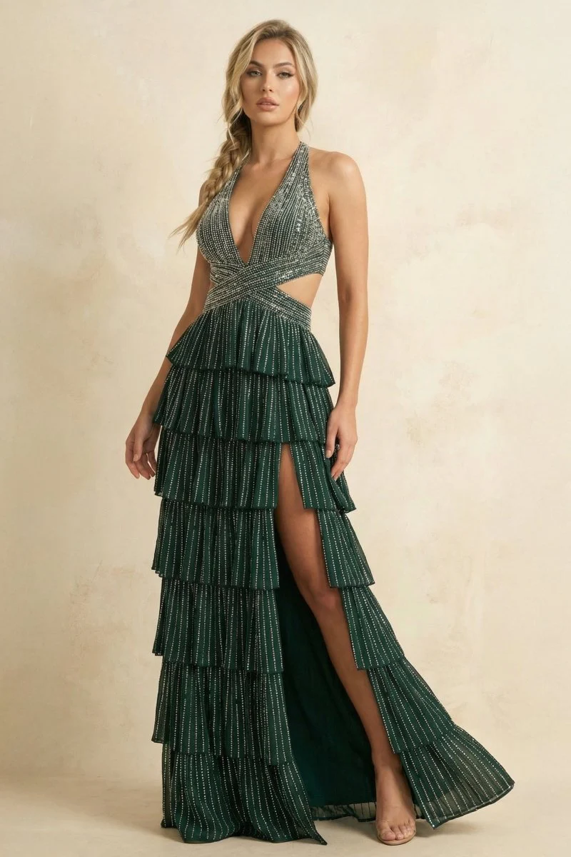 Dark Green - A-Line V Neck Satin Beaded Long Prom Dresses With Ruffles
