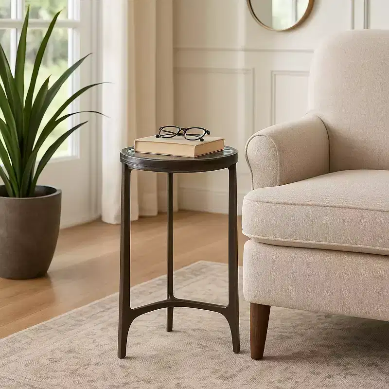 Rustic End Table, Side Table, or Small Night Stand for Room Decor - Round Metal Bedside Table with Glass Top for Small Spaces - 22 Bronze & Copper
