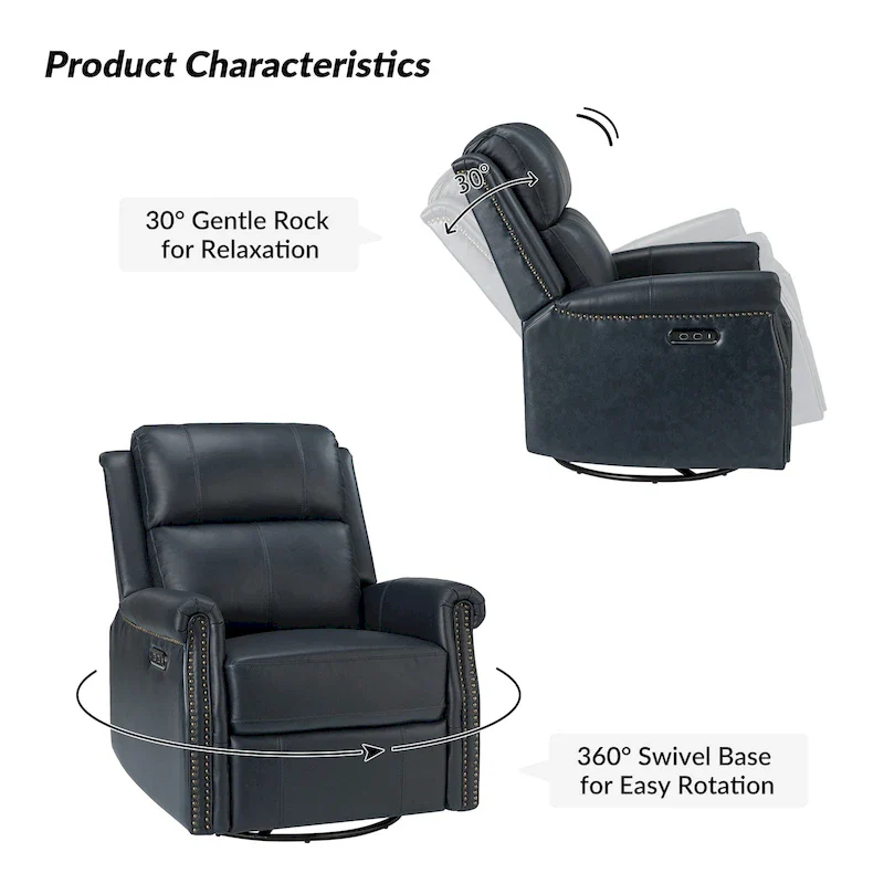 Renato Traditional Genuine Leather Nailhead Power Swivel Recliner Chair with Metal Base Set of 2 by HULALA HOME