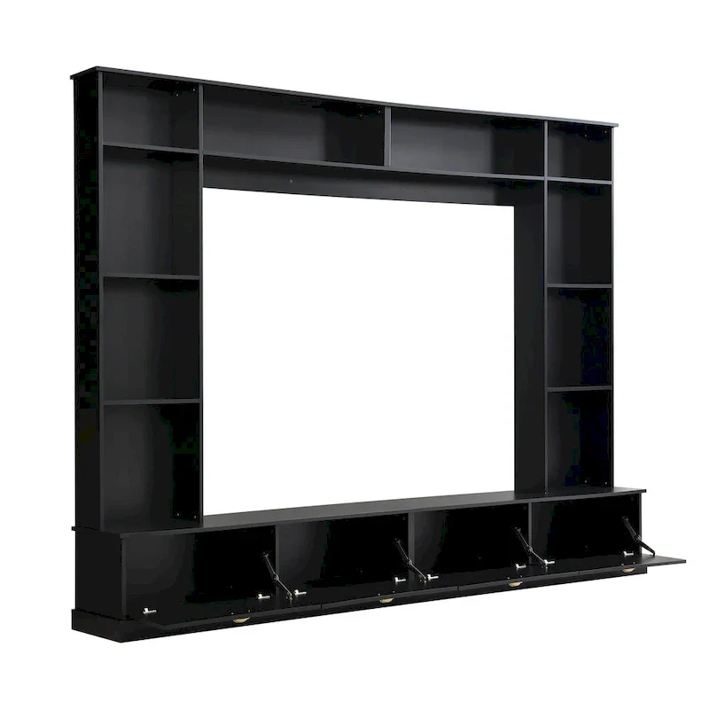 104.2 Wall Unit with TV Stand, Bookshelves, and Cabinets – Black
