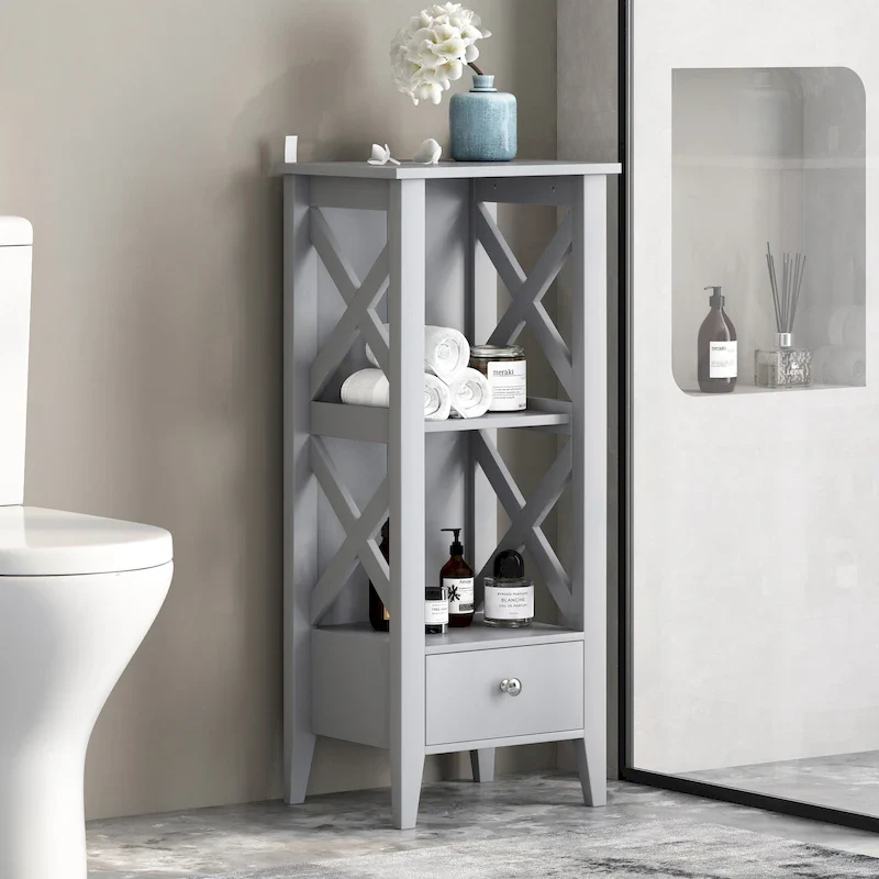 Floor Storage Rack with Drawer – Grey / White, Cross-Frame, For 1 Household