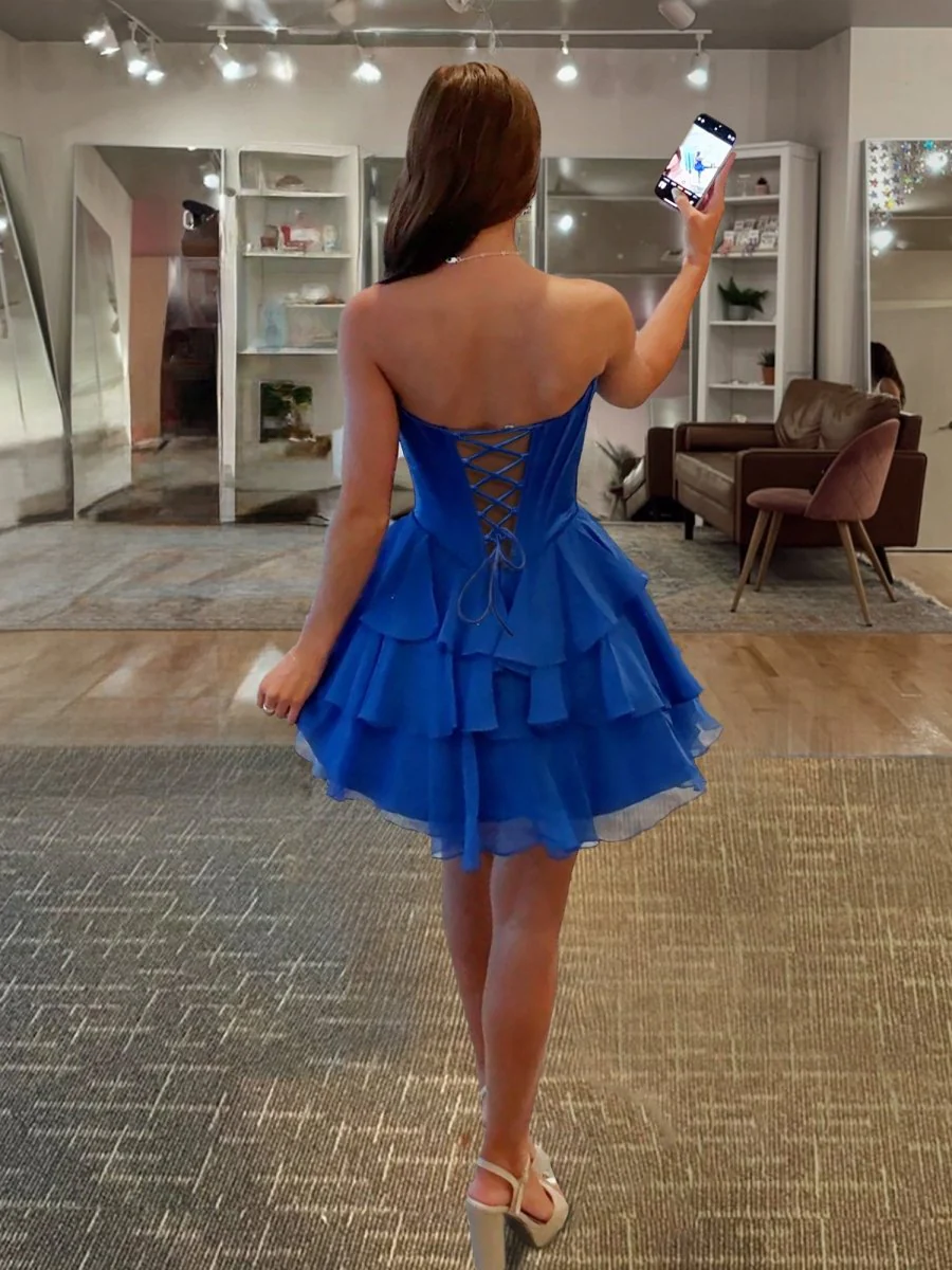 Royal Blue - A-Line Sweetheart Corset Ruffle Homecoming & Cocktail Dresses With Applique