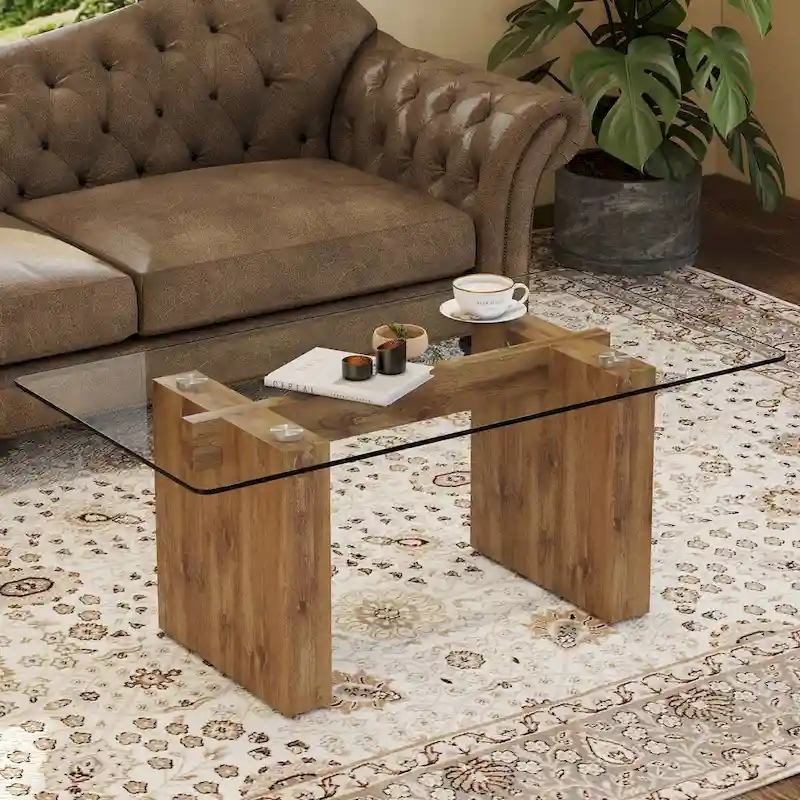 Tempered Glass Coffee Table with MDF Column Legs