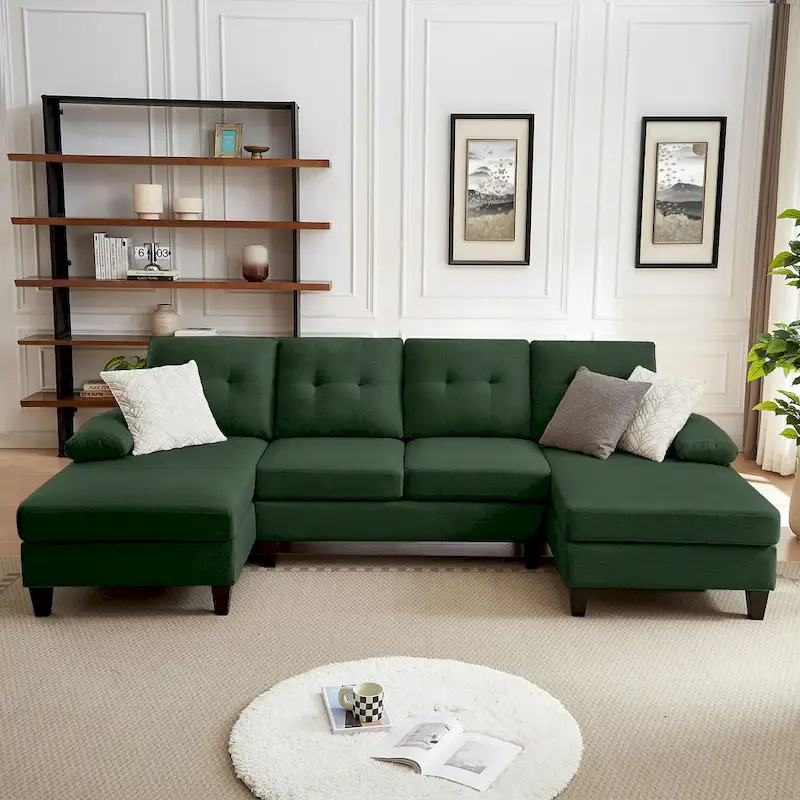 4 Seat U Shaped Sectional Sofa Couch with Double Chaise for Living Room