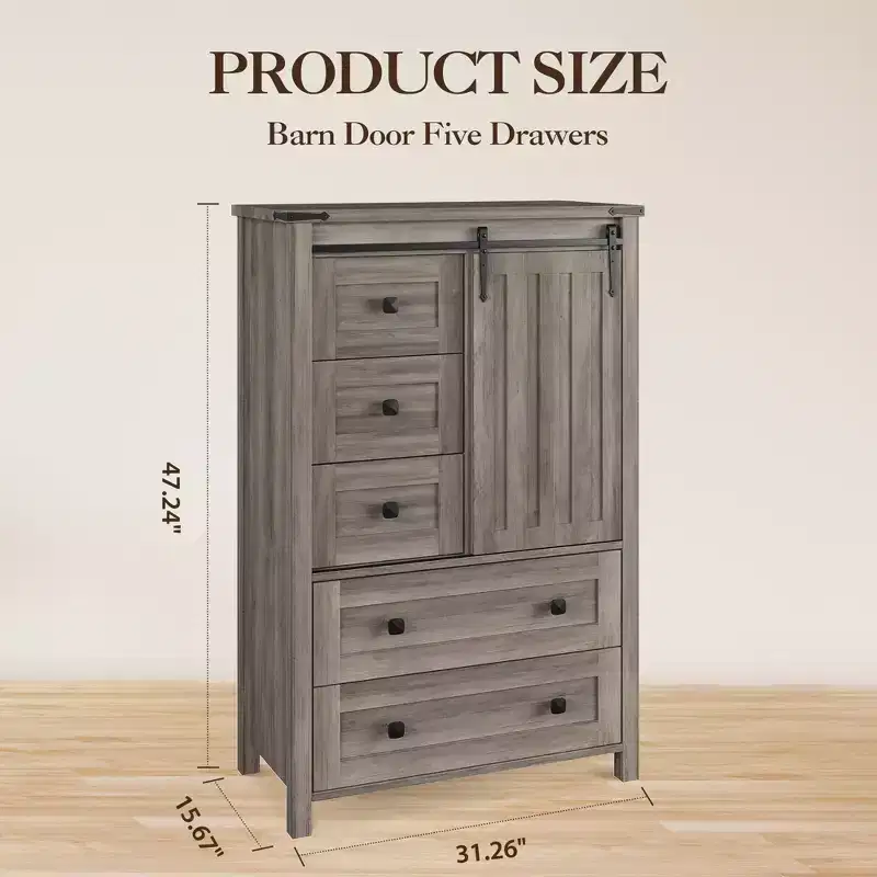 Farmhouse Chest of Drawer, Sliding Barn Door, Adjustable Shelf, Wood Storage Organizer, for Bedroom, Living Room