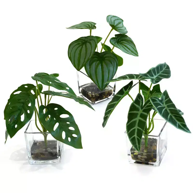 Set of 3 Artificial Potted Plants C 8cm Green Mini Tropical Foliage for Desk/Office/Shelf Decor