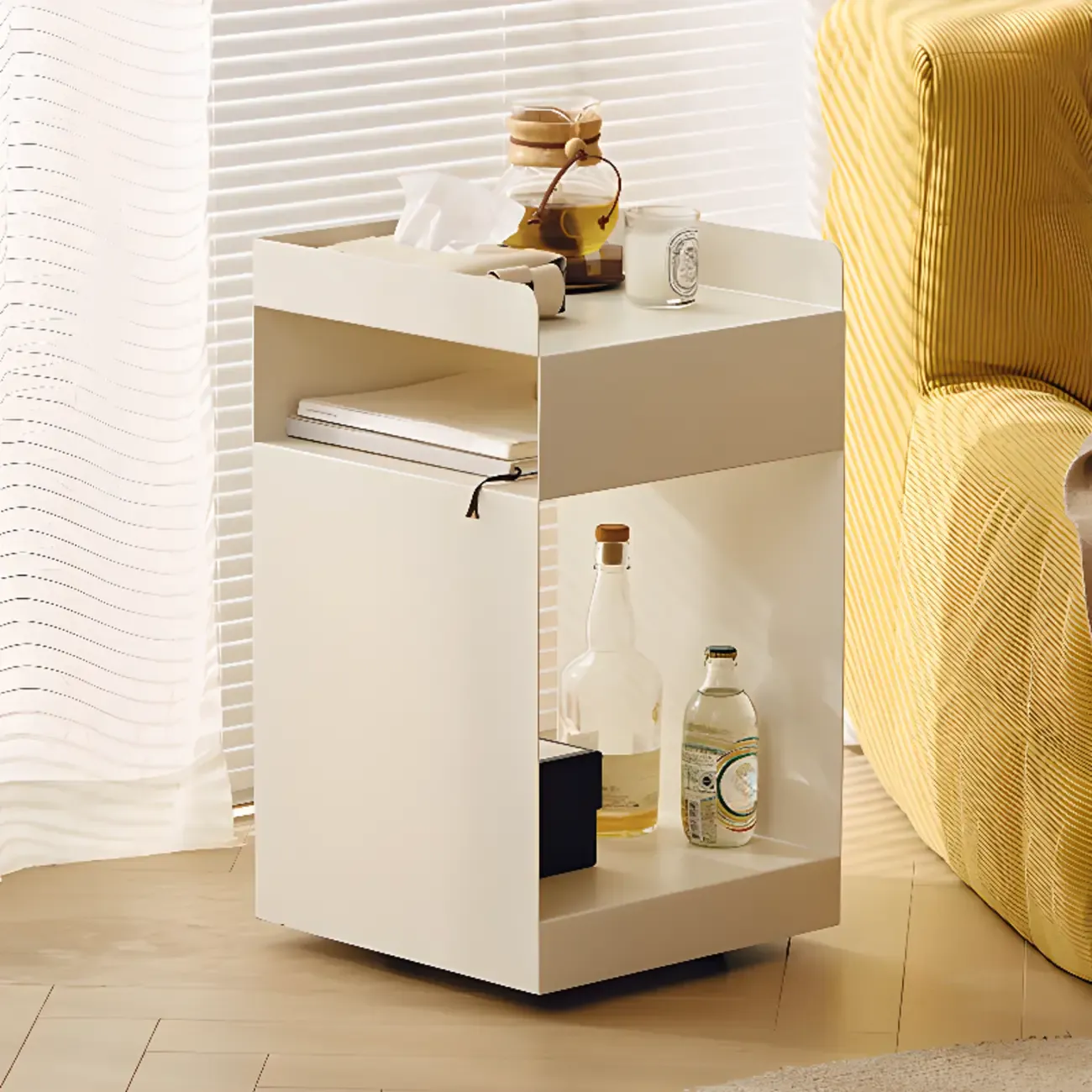 White Rectangular Steel Swivel Side Table with Storage