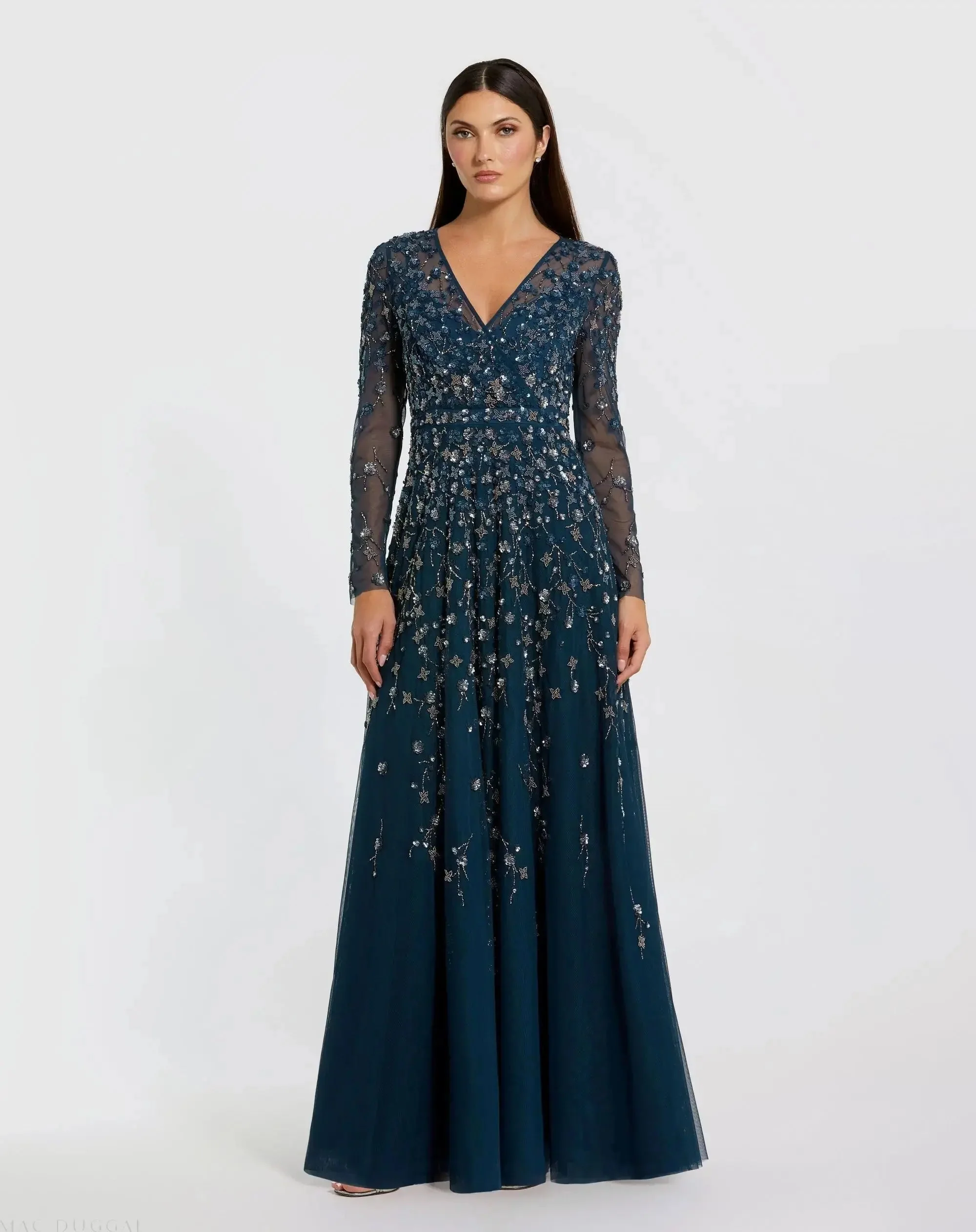 Navy Embellished Wrap Over Illusion Long Sleeve A Line Gown