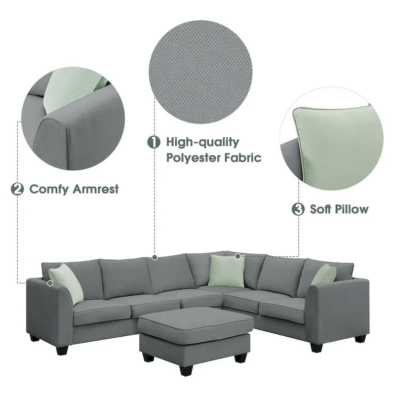 L-Shaped 7-Seats Modular Sectional Sofa with Ottoman with 3 Pillows