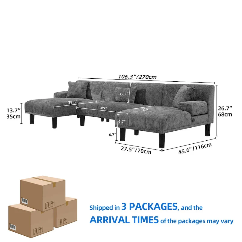 Moasis Sectional Couches U Shaped Sofa Chenille Modern Modular Couch - 45.6W x 106.3L x 26.7H