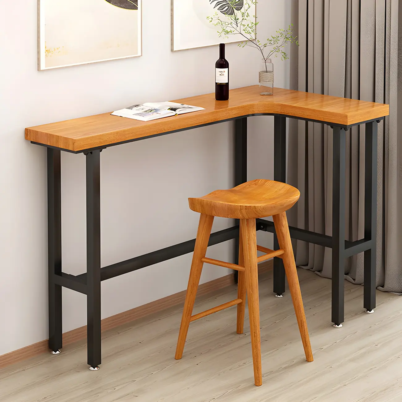 Modern L-Shape Natural Wood Metal Trestle Bar Tables