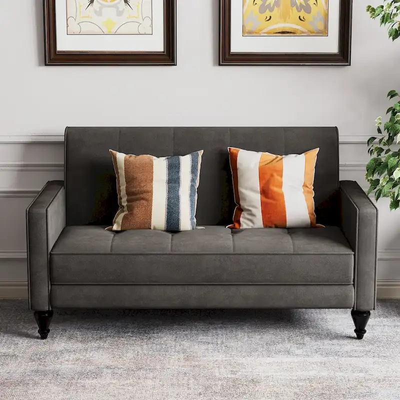 Beige/Black Velvet Upholstered Loveseat with Metal Legs, 2-Person