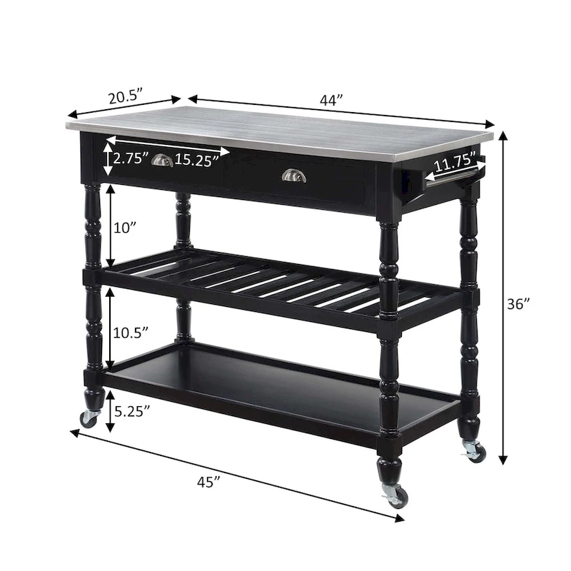 Convenience Concepts French Country 3 Tier Stainless Steel Kitchen Cart with Drawers