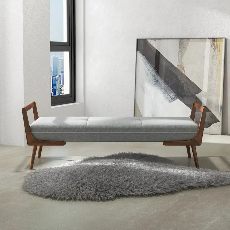 Grey Fabric Upholstered Bench, Walnut Legs, Seats 2