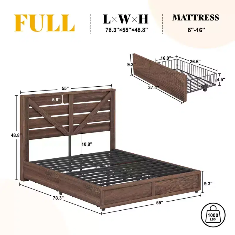 AMERLIFE Farmhouse Bed Frame with 4 Drawers and Headboard