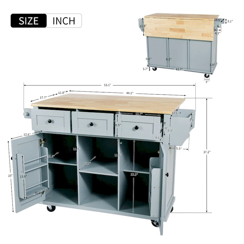 Nestfair Kitchen Island Cart with Drop-Leaf Countertop and 3 Drawers