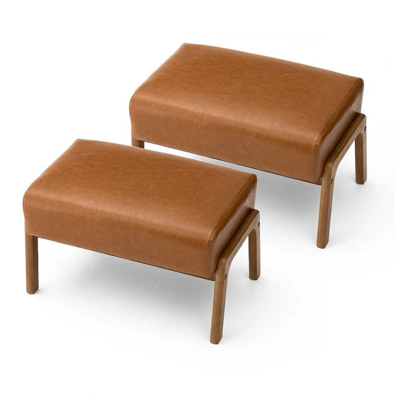 Brown Mid-Century Faux Leather Ottoman Accent Stool, Set of 2