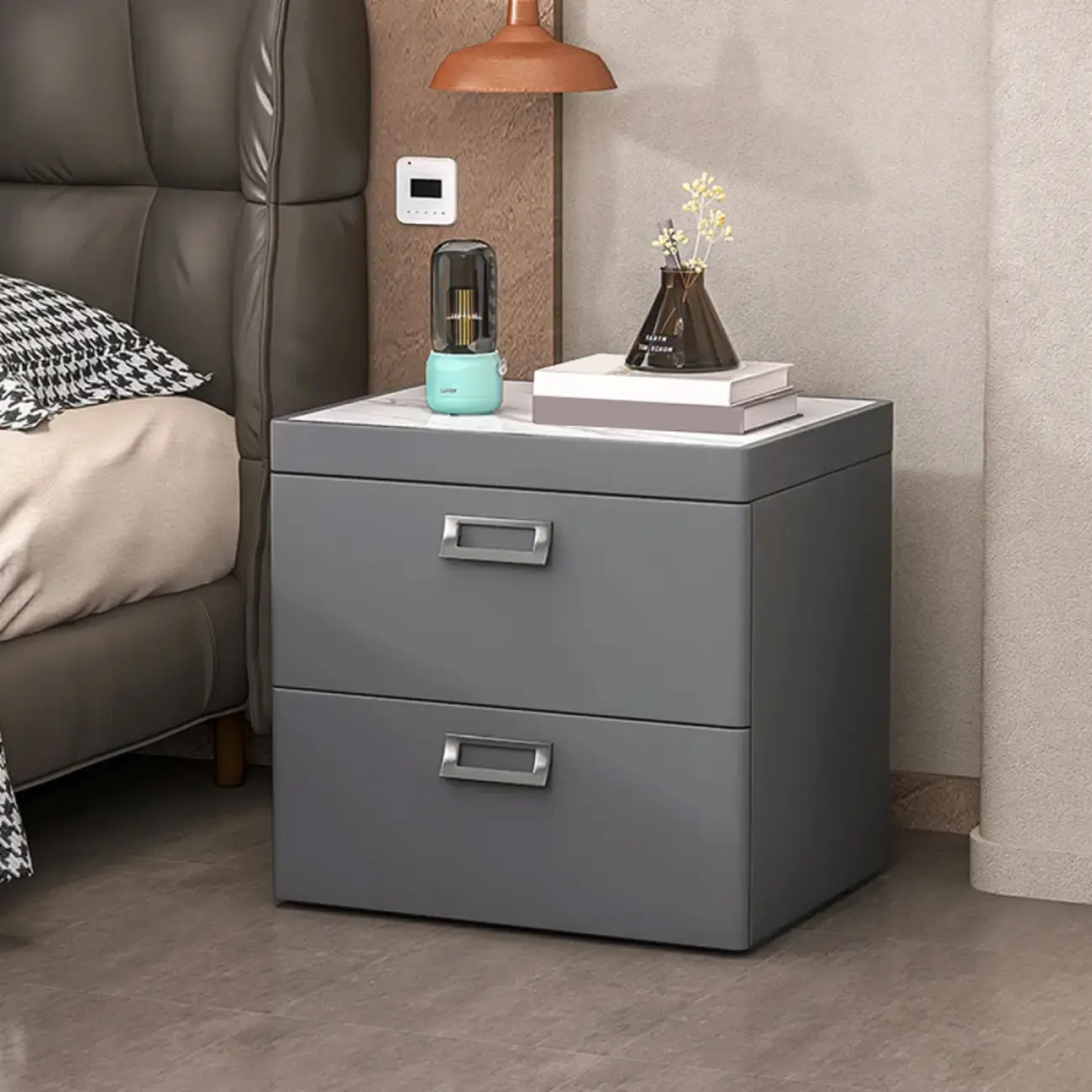 Modern Faux Leather 2 Drawers Nightstand with Stone Top