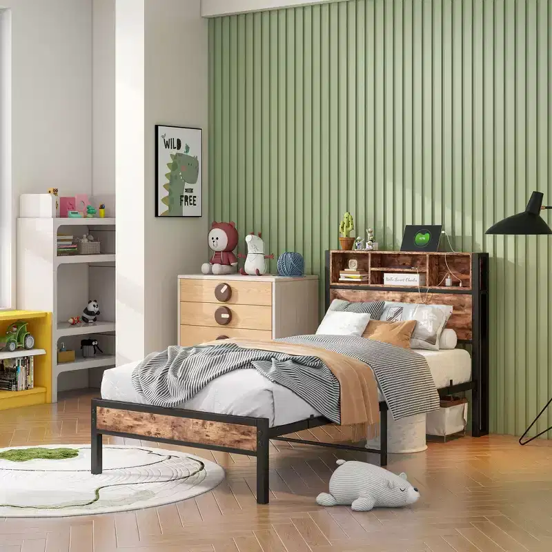 MAYEERTY Twin Size Bed Frame with Storage Headboard & Charging Station, Bookcase Shelves for Kids' Bedroom