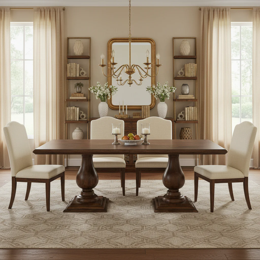 Rectangular Dining Table, Double Carved Pedestal Legs, Molded Edge Top, Solid Mango Wood, 75 W / 96 W, Beige / Brown, 6-8 Person Use