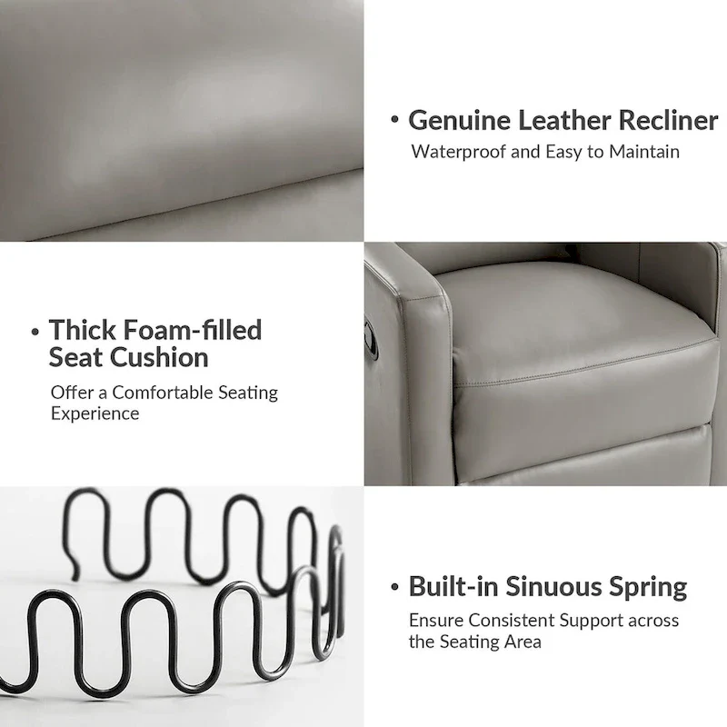 Genuine Leather Swivel Rocker Recliner with Adjustable Headrest - Modern Manual Reclining Chair 360° Rotation