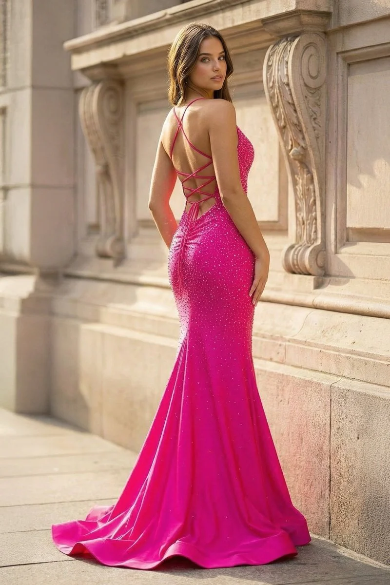 Mermaid V Neck Glitter Satin Prom Dress