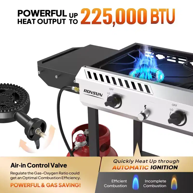ROVSUN 3 Burner Outdoor Propane Gas Stove with Ignition, Regulator & Shelf, 225,000 BTU Powerful Stand Cooker for Backyard Patio Cooking Home Brewing