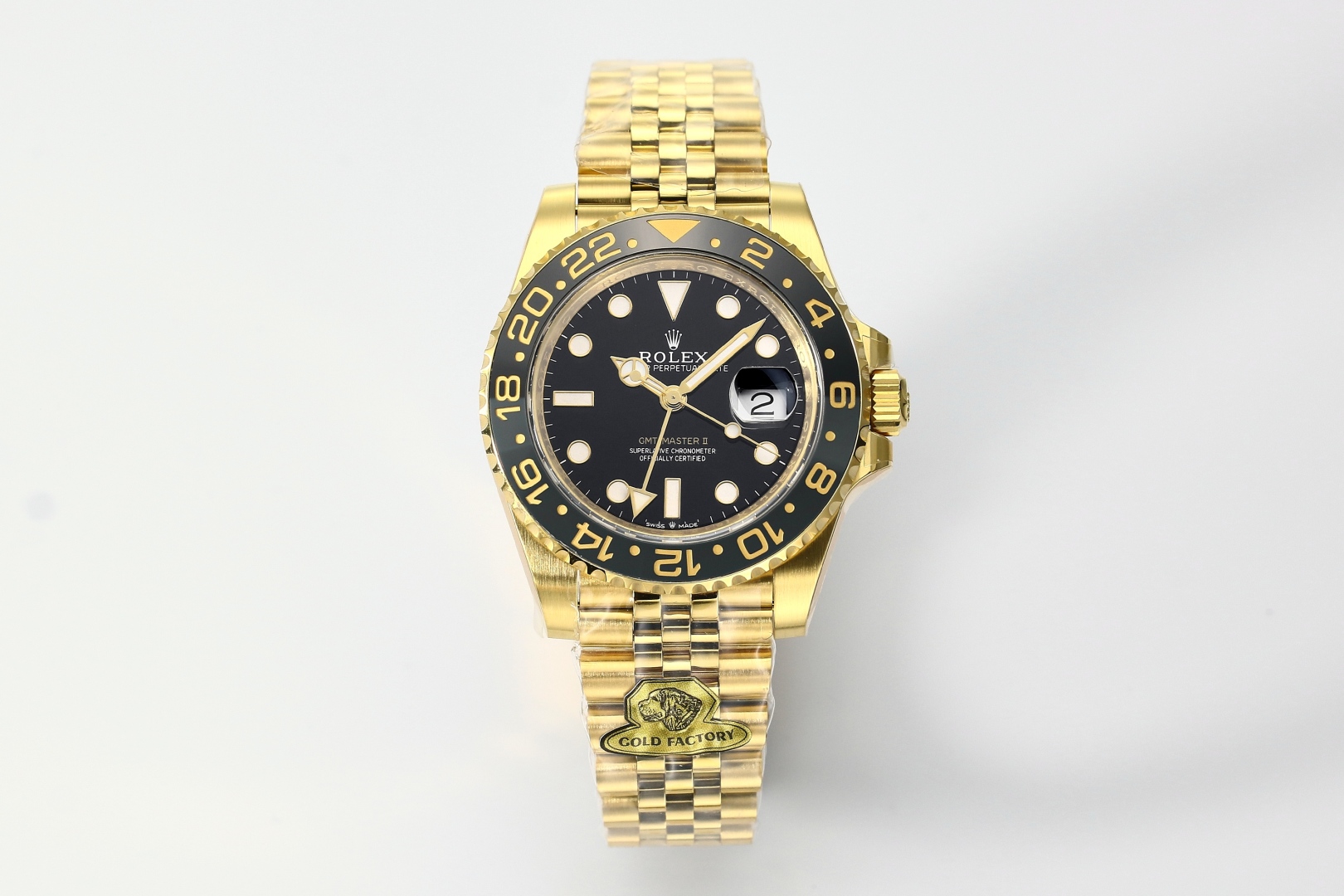 Gouden GMT-Master II stijl rolex replica met zwarte bezel en Oyster-band