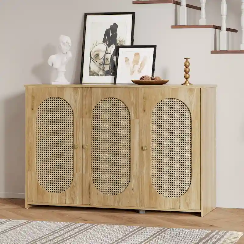 Retro 3-Door Sideboard with Rattan Doors and Metal Handles