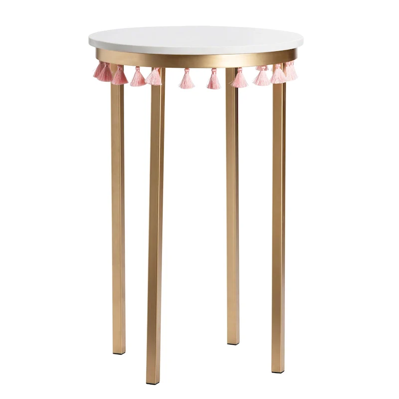Multi-Color Marble Top Accent Side Table with Pink Tassels, Single