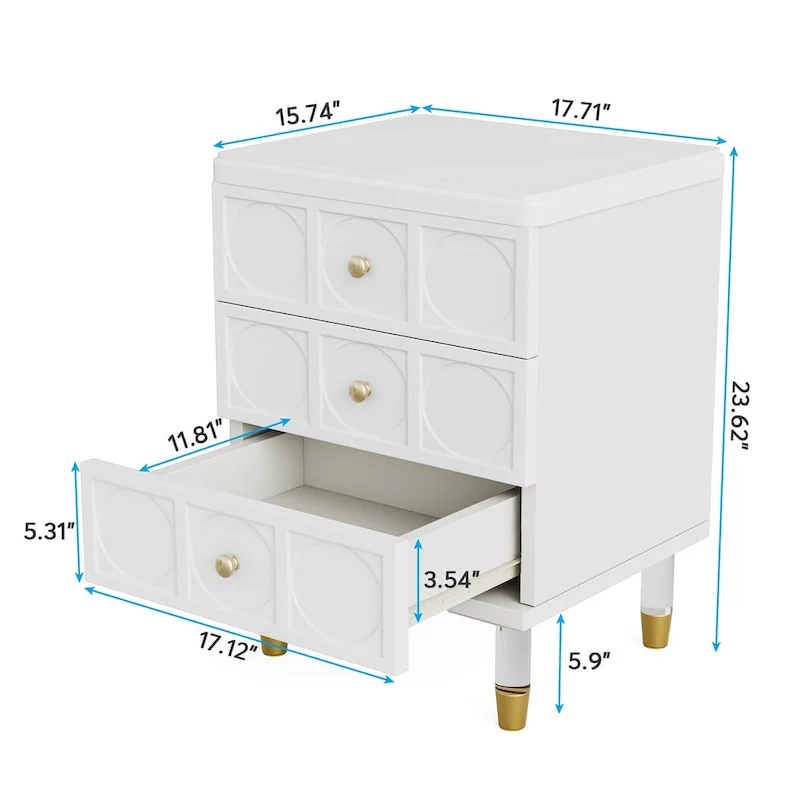 White Gold Nightstand Bedside Table with 3 Drawers