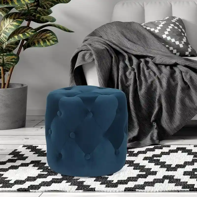 Blue / Green / Grey / Pink Tufted Round Upholstered Ottoman Footstool – 1-Seater
