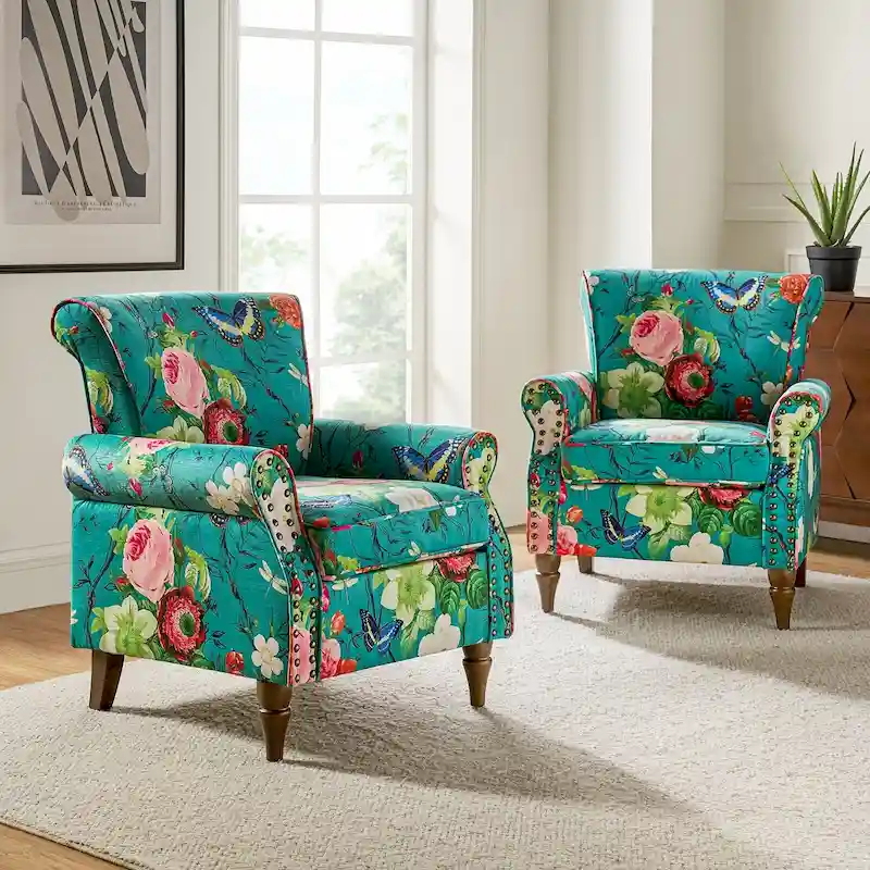 Nyctelius Traditional Polyester Accent Arm Chair with Pattern and Nailhead Trim Set of 2 by HULALA HOME