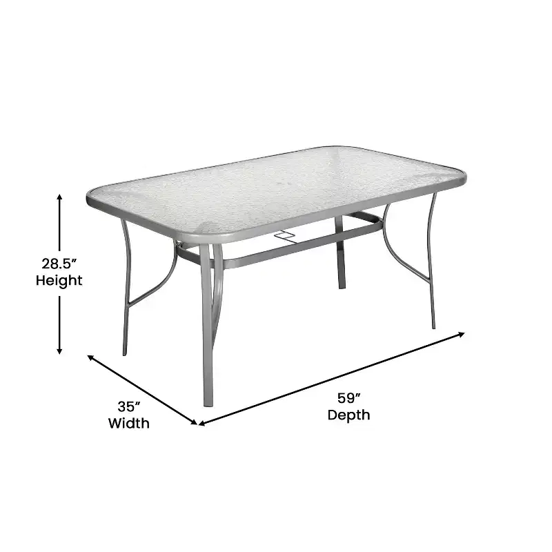 Emma and Oliver Rectangular Tempered Glass Top Patio Table with Umbrella Hole and Black Steel Tube Frame