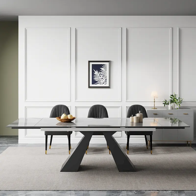 9 - Piece 110.24 Extendable Sintered Stone Dining Table and 8 Leather Chairs Dining Set