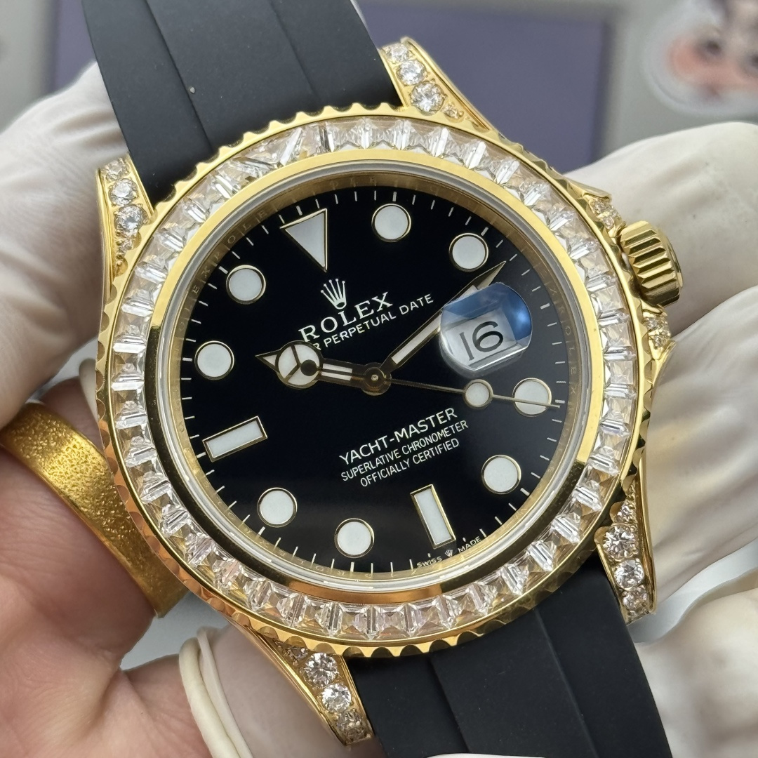black dial gold Rolex-style Yacht-Master macro detail