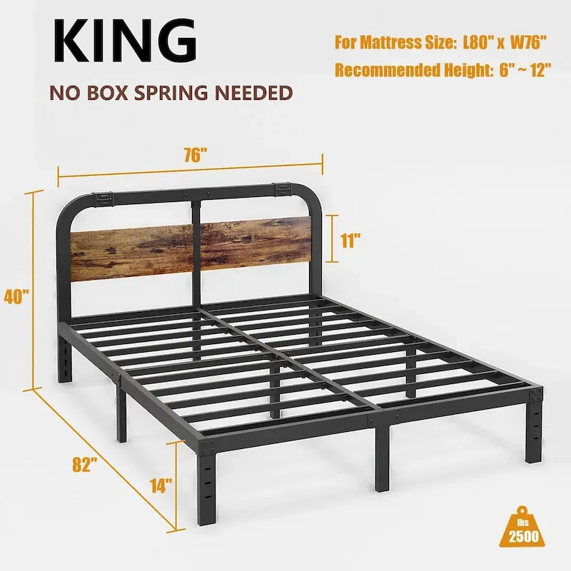Heavy Duty Anti-Sway 40 Inch Iron Bed With Solid Wood Headboard