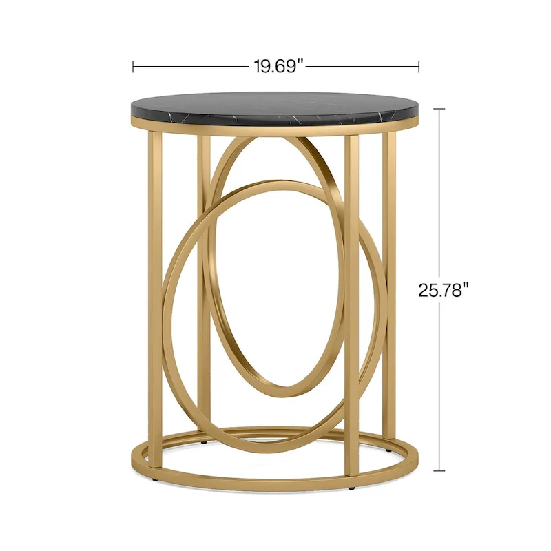 20 in. Marble White Round Wood End Table with Gold O-shaped Base